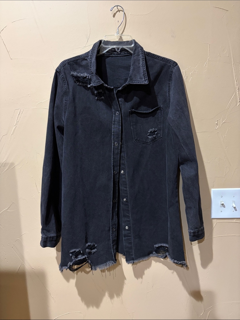 Distressed Black Button-Up Shacket